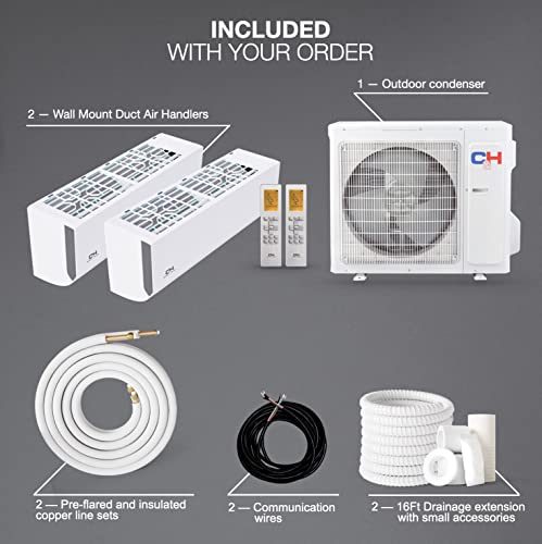 Cooper & Hunter Dual Zone 9,000 + 12,000 BTU Ductless Mini Split AC/Heating System, Pre-Charged, Heat Pump, 21.3 SEER Including 25FT Copper Line Set And Communication Wires