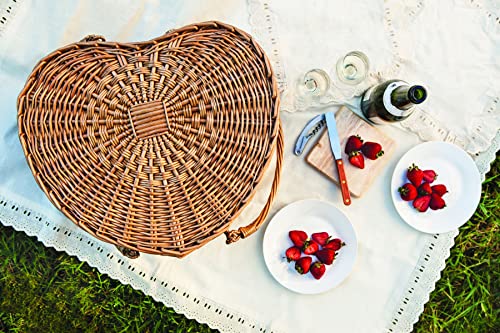 PICNIC TIME Heart Wicker Picnic Basket, 2 Person Set, Couple Gifts, (Antique White)