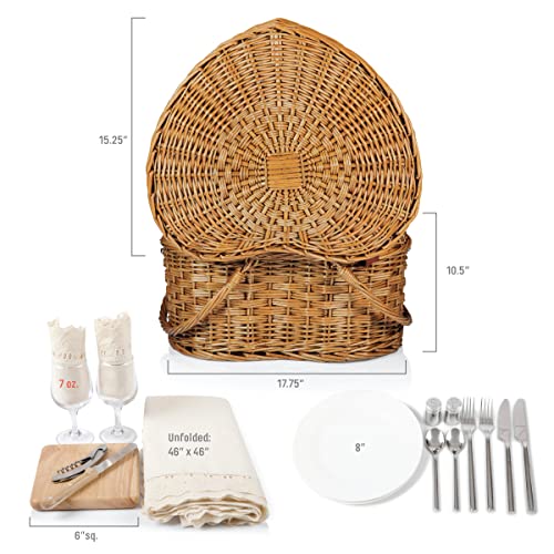 PICNIC TIME Heart Wicker Picnic Basket, 2 Person Set, Couple Gifts, (Antique White)