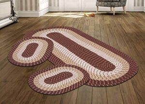 better trends country braid collection 3 piece set durable & stain resistant reversible indoor oval area rug 100% polypropylene in vibrant colors, 20″x30″/20″x30″/24″x72″, brown stripe
