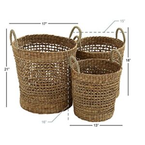 Deco 79 Dried Plant Handmade Woven Storage Basket with Handles, Set of 3 21", 18", 16"H, Brown