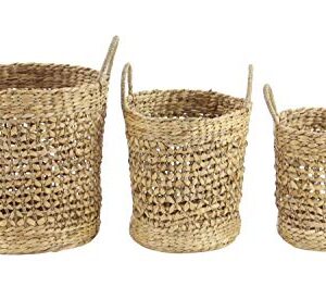 Deco 79 Dried Plant Handmade Woven Storage Basket with Handles, Set of 3 21", 18", 16"H, Brown