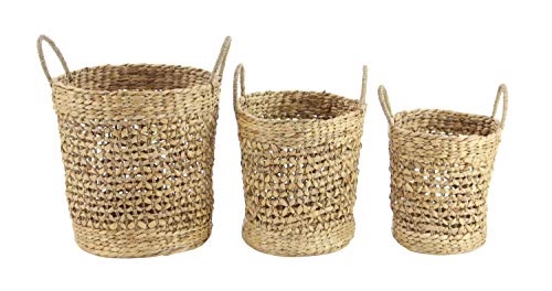 Deco 79 Dried Plant Handmade Woven Storage Basket with Handles, Set of 3 21", 18", 16"H, Brown