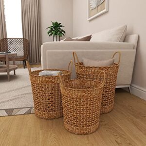 Deco 79 Dried Plant Handmade Woven Storage Basket with Handles, Set of 3 21", 18", 16"H, Brown