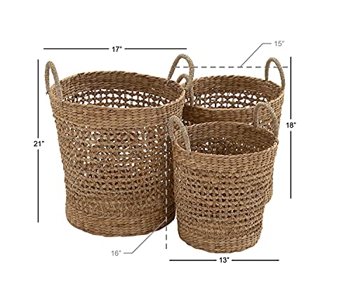 Deco 79 Dried Plant Handmade Woven Storage Basket with Handles, Set of 3 21", 18", 16"H, Brown