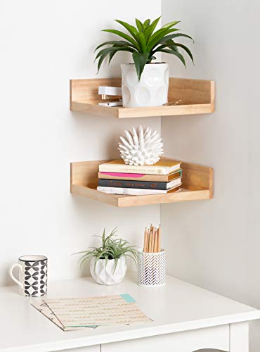 Kate and Laurel Levie Rustic Modern Floating Corner Wood Wall Shelves, 12 x 12 Inches, 2 Pack, Natural