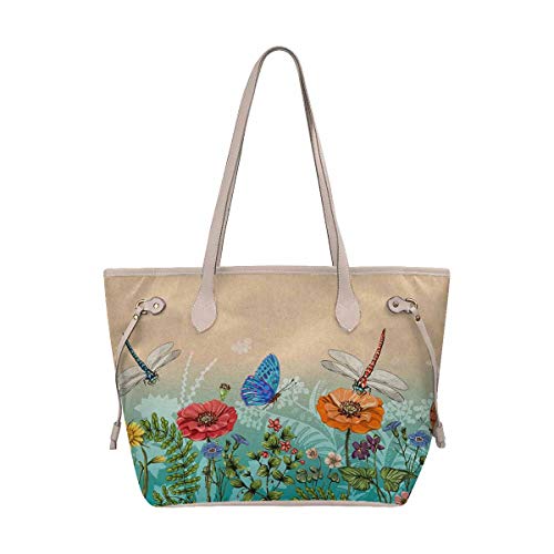 InterestPrint Womens Handbags Ladies Purses Shoulder Bags Tote Bag S-ummer Dragonflies Butterflies Flower Grass