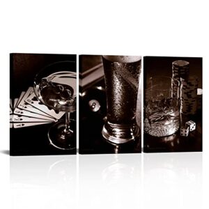 Artsbay 3 Piece Canvas Prints Wall Art Whisky Liquor Painting Picture Poker Card Still Life Poster Print for Bar Pub Kitchen Room Decor Stretched Ready to Hang