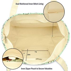 DALIX 20" Large Teal Owl Tote Shoulder Bag Natural Cotton Canvas