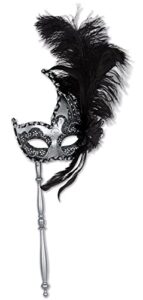 beistle plastic costume masquerade mask on stick with feathers for mardi gras party supplies and halloween accessories