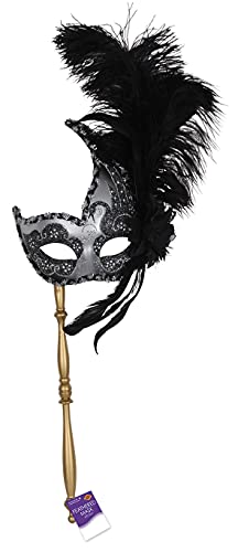 Beistle Plastic Costume Masquerade Mask on Stick With Feathers For Mardi Gras Party Supplies and Halloween Accessories