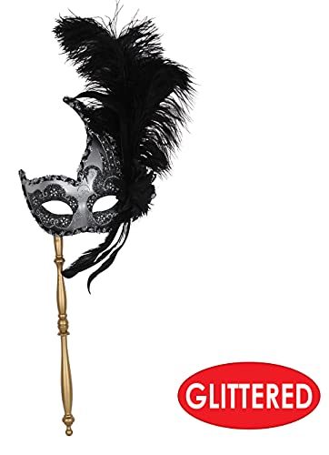 Beistle Plastic Costume Masquerade Mask on Stick With Feathers For Mardi Gras Party Supplies and Halloween Accessories