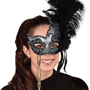 Beistle Plastic Costume Masquerade Mask on Stick With Feathers For Mardi Gras Party Supplies and Halloween Accessories
