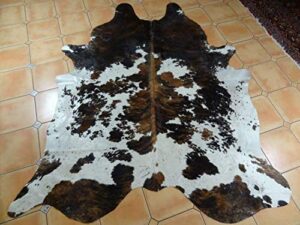 large cowhide rug tricolor cowhide cow skin leather area rug, hair on cow hide rugs 5 x 7 ft black, brown and white