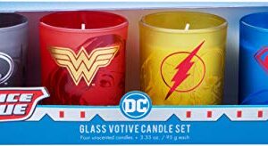 Insight Editions DC Comics Justice League Glass Votive Candles - Set of 4 - Superman, Wonder Woman, Flash, Batman - Unscented - 3 oz Each