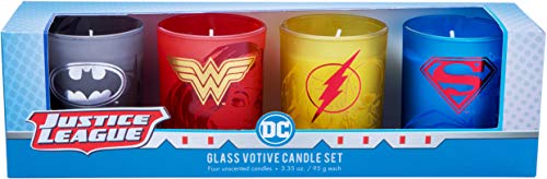 Insight Editions DC Comics Justice League Glass Votive Candles - Set of 4 - Superman, Wonder Woman, Flash, Batman - Unscented - 3 oz Each