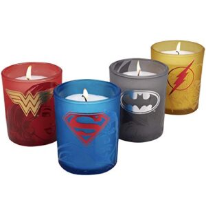 insight editions dc comics justice league glass votive candles – set of 4 – superman, wonder woman, flash, batman – unscented – 3 oz each