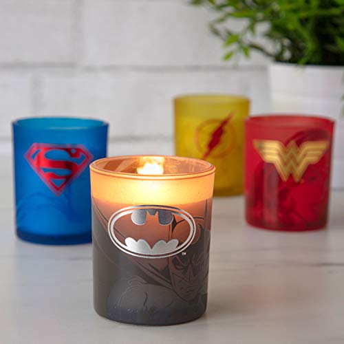 Insight Editions DC Comics Justice League Glass Votive Candles - Set of 4 - Superman, Wonder Woman, Flash, Batman - Unscented - 3 oz Each