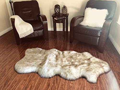 LAMBZY Genuine Sheepskin Silky Area Rug - Thick Strong Bottom Texture Washable Stain Resistant Rug - Perfect for Children Living Room, Bedroom Decoration - 2' x 4'2",60x125 cm , Two Tone White/Brown