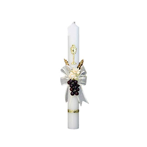 12" Lovely Holy First Communion Primera Comunion Off White Candle with Chalice Grapes Wheat Ribbon Flowers Vela Jeremiah 29:13