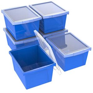 storex 4 gallon storage bin with lid – plastic classroom organizer for books and supplies, blue, 6-pack (61412u06c)