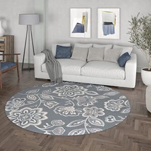 Emmalyn Transitional Floral Gray Round Area Rug, 8' Round