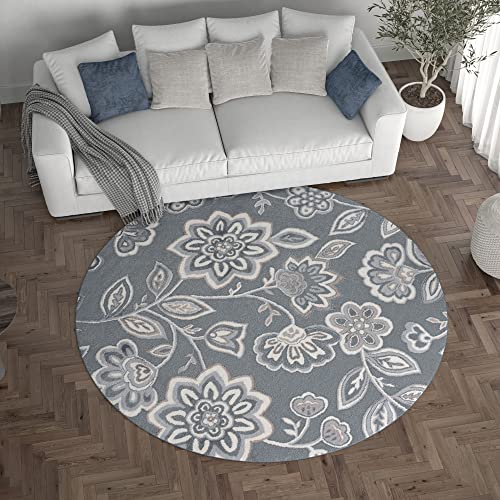 Emmalyn Transitional Floral Gray Round Area Rug, 8' Round