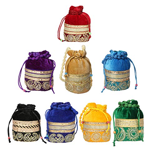 Suman Enterprises Indian Velvet Potli (Pack of 8 Potli Bag in assorted colors), Jwelery Pouch, Coins Pouch, Small