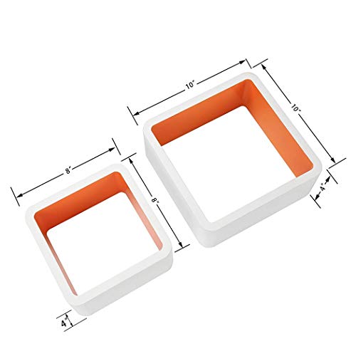Homewell Set of 2 Cube Floating Shelves, Wood Wall Shelves for Home Decoration, Storage Display Rack, White+Orange.