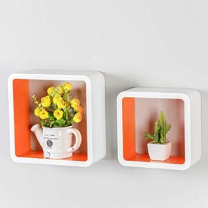 Homewell Set of 2 Cube Floating Shelves, Wood Wall Shelves for Home Decoration, Storage Display Rack, White+Orange.