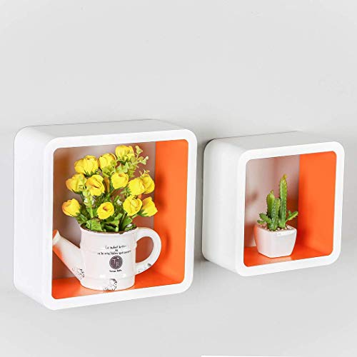 Homewell Set of 2 Cube Floating Shelves, Wood Wall Shelves for Home Decoration, Storage Display Rack, White+Orange.
