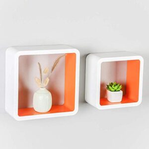 Homewell Set of 2 Cube Floating Shelves, Wood Wall Shelves for Home Decoration, Storage Display Rack, White+Orange.