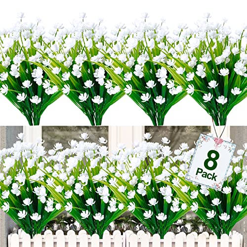 TURNMEON 8Pcs Corn Flower Artificial Flowers Outdoor UV Resistant Fake Flowers,Faux Plastic Flower Greenery Shrubs Plants for Indoor Outside Planter Home Garden Window Box Porch Summer Decor(White)