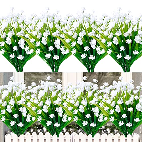 TURNMEON 8Pcs Corn Flower Artificial Flowers Outdoor UV Resistant Fake Flowers,Faux Plastic Flower Greenery Shrubs Plants for Indoor Outside Planter Home Garden Window Box Porch Summer Decor(White)