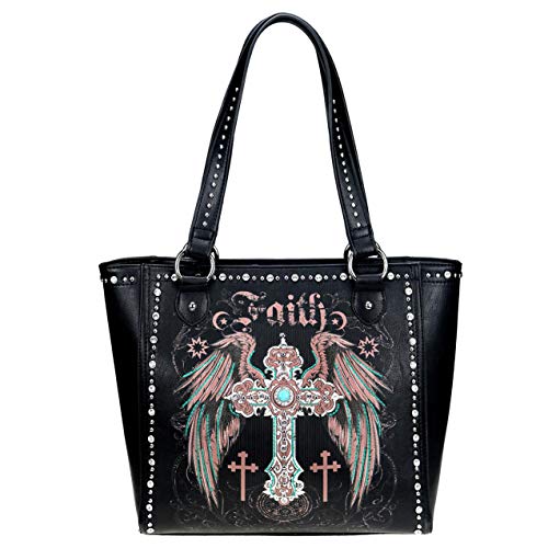 Montana West Western Collection Handbag w Key Chain (wide tote, Black w Cross Embroidery)