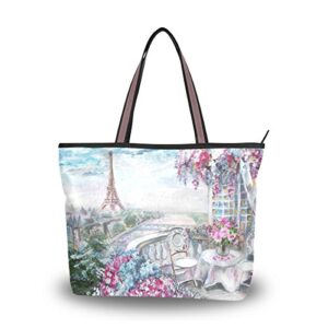 My Daily Women Tote Shoulder Bag Eiffel Tower And Flower Painting Handbag Medium