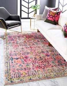 unique loom monterey collection vintage bohemian inspired with distressed tribal design area rug (5′ 0 x 8′ 0 rectangular, pink/ yellow)