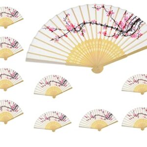 Wuyuxibo 10 PCS Delicate Cherry Blossom Design Silk Folding Hand Fan Wedding Favors Gifts,Fan Girls, Ladies, Church Wedding Gift, Party Favors, DIY Decoration