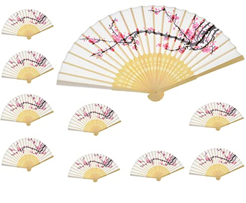 Wuyuxibo 10 PCS Delicate Cherry Blossom Design Silk Folding Hand Fan Wedding Favors Gifts,Fan Girls, Ladies, Church Wedding Gift, Party Favors, DIY Decoration