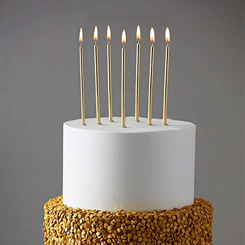 24 Count Party Long Thin Cake Candles Metallic Birthday Candles in Holders for Birthday Cakes Cupcake , Champagne Gold