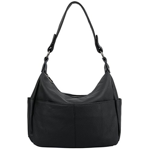 YALUXE Women's Double Zipper Cowhide Leather Style Shoulder Bag Black 2.5