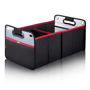 car trunk organizer, collapsible auto trunk organizer storage, portable grocery cargo container with two large compartments for suv, vehicle, truck, home and office