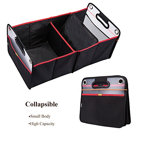 Car Trunk Organizer, Collapsible Auto Trunk Organizer Storage, Portable Grocery Cargo Container with Two Large Compartments for SUV, Vehicle, Truck, Home and Office