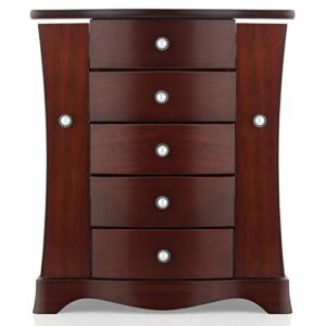rr round rich design jewelry box – made of solid wood with tower style 4 drawers organizer and 2 separated open doors on 2 sides and large mirror brown