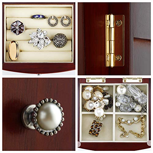 RR ROUND RICH DESIGN Jewelry Box - Made of Solid Wood with Tower Style 4 Drawers Organizer and 2 Separated Open Doors on 2 Sides and Large Mirror Brown