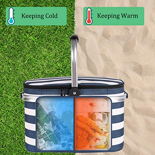 ALLCAMP Insulated Picnic Baskets Shoping Basket Cooler Bag Collapsible Portable Picnic Basket (Blue White Stripe)