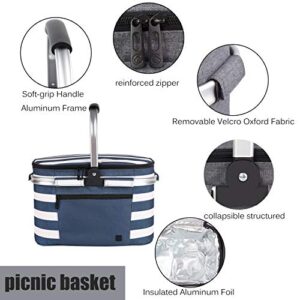ALLCAMP Insulated Picnic Baskets Shoping Basket Cooler Bag Collapsible Portable Picnic Basket (Blue White Stripe)