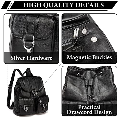 VASCHY Mini Backpack Purse for Women, Fashion Faux Leather Buckle Flap Drawstring Backpack for College with Two Front Pockets Black