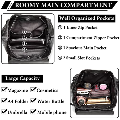 VASCHY Mini Backpack Purse for Women, Fashion Faux Leather Buckle Flap Drawstring Backpack for College with Two Front Pockets Black