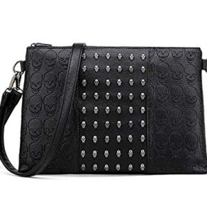 FiveloveTwo Women Punk Skull Print Clutch PU Leather Satchel Shoulder Tote Top-handle Purse Handbag Black